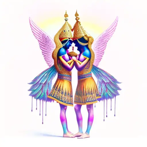2 qajar angels pull their arm towards each other their finger tips touch from the point that it touches rainbow drips tattoo design idea