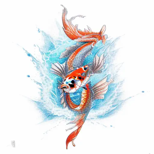 A koi fish transforming into a dragon as it swims through a digital landscape tattoo design idea