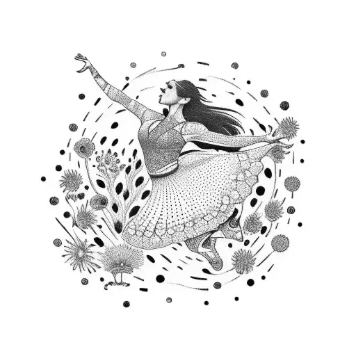A dotwork tattoo of a dancer gracefully leaping through a field of flowers tattoo design idea