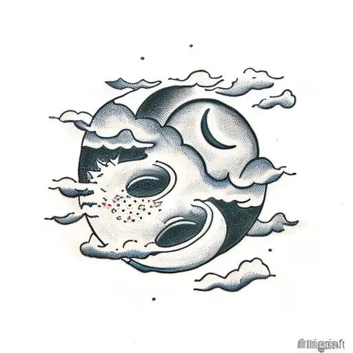 a moon with baby feet as a craters, surrounded by clouds tattoo design idea