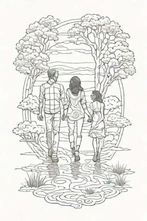 father mother son daughter shadow walking tattoo design idea