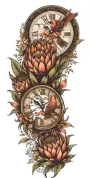 birds flowers protea clocks bible tattoo design idea