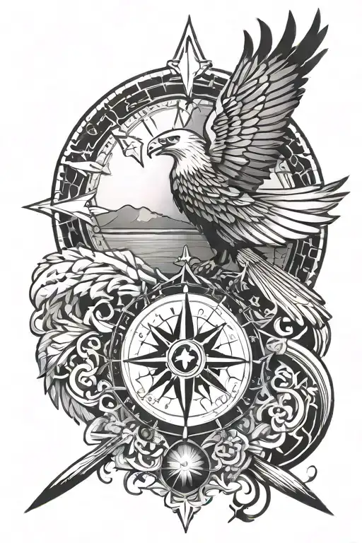 eagle and compass and Mandarin sun rising tattoo design idea