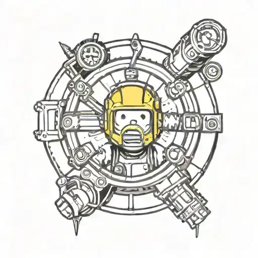 I'd like a simple outline tattoo of the Vault-Tec logo from the Fallout video game series with an outline of vault boy tattoo design idea