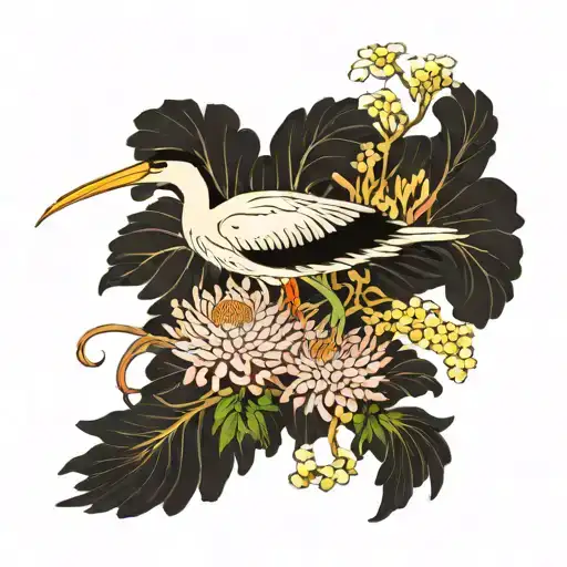 stork and chrysanthemums tattoo design idea