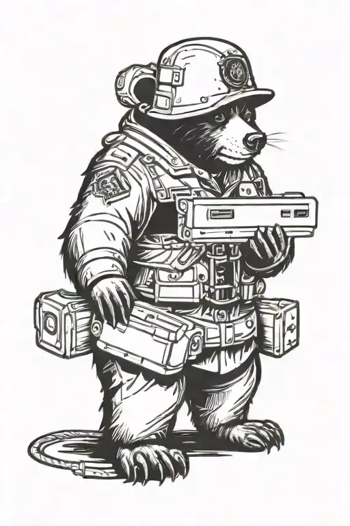 A blackwork tattoo of a bear wearing a signal corps uniform holding a computer mouse tattoo design idea