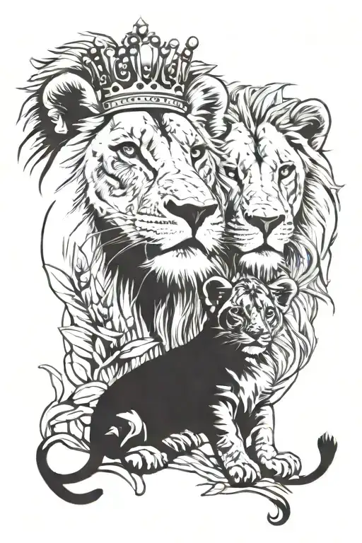 lion lioness and lion cub with crown tattoo design idea