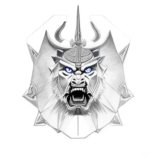 saber fate grand order, oni mask, futuristic  tattoo design idea