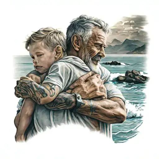 father hugging his son with the sea in the background tattoo design idea
