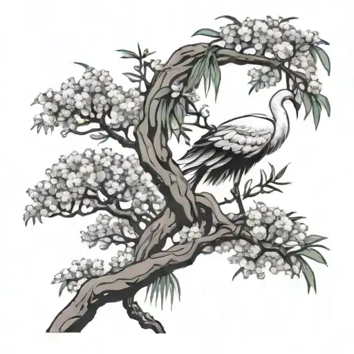 Japanese crane, bamboo shoots, bonsai tree, navy anchor chief, cherry blossom tree,  tattoo design idea