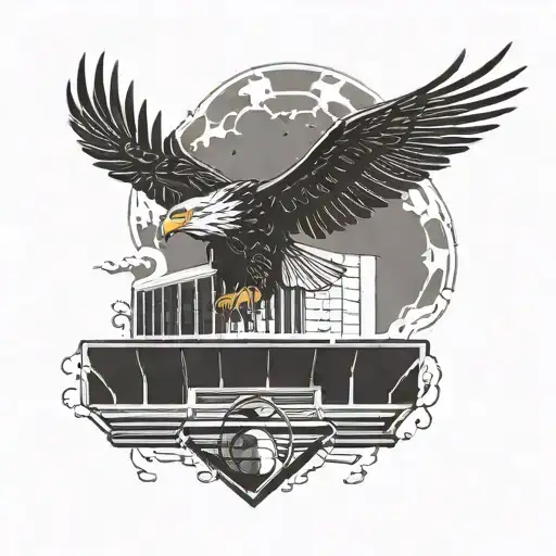 An eagle soaring high above a football stadium, with a subtle silhouette of a pistol in the background tattoo design idea