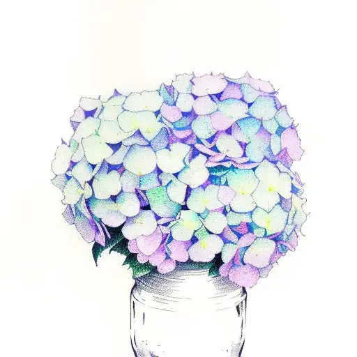blue, purple, and pink hydrangeas in a mason jar tattoo design idea