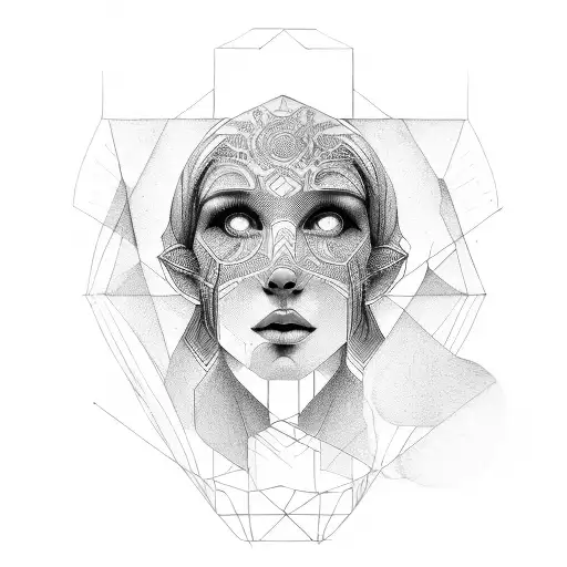 illustrative, realism, geometric, greek figure, background tattoo design idea