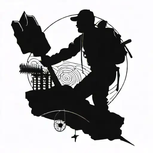A silhouette of a hiker on a mountain peak, with a cricket bat and ball in hand, surrounded by a film reel and musical notes tattoo design idea