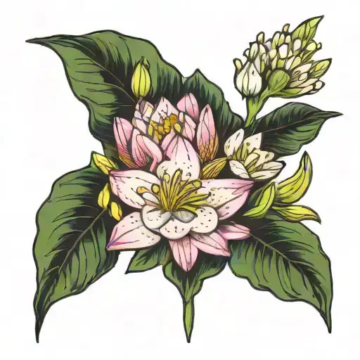 bouquet of flowers that includes a water lily with 5 leaves, a lily of the valley, and a daffodil. tattoo design idea