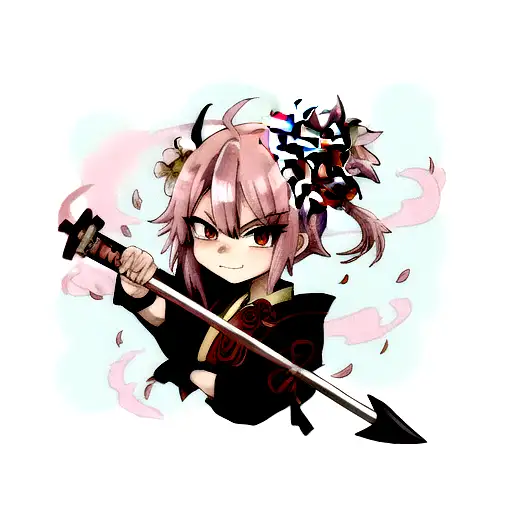 oni mask with demon Slayer swords, smoke and Sakura petals tattoo design idea