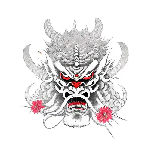 oni mask with demon Slayer swords, smoke and Sakura petals tattoo design idea