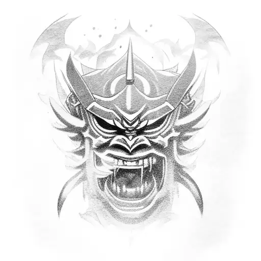 oni mask with demon Slayer swords, smoke and Sakura petals tattoo design idea