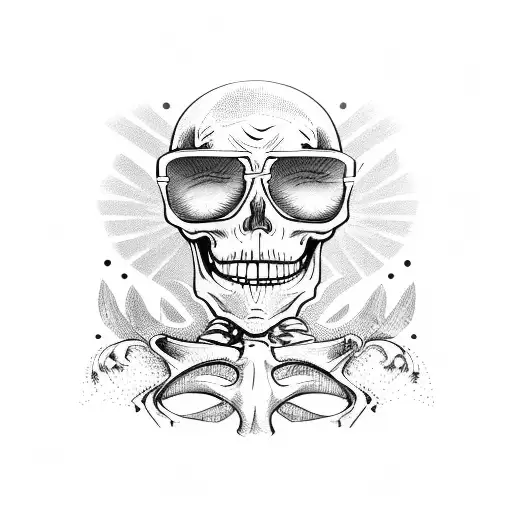 skeleton wearing sunglasses, hawaiian shirt, and drinking coffee tattoo design idea