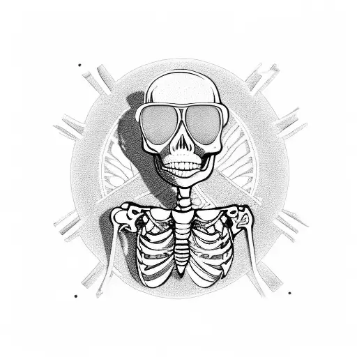 skeleton wearing sunglasses, hawaiian shirt, and drinking coffee tattoo design idea