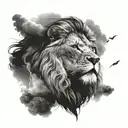 A realistic lion with a stormy sky background, capturing the power of nature tattoo design idea