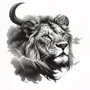 A realistic lion with a stormy sky background, capturing the power of nature tattoo design idea
