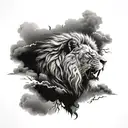 A realistic lion with a stormy sky background, capturing the power of nature tattoo design idea