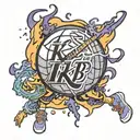 a basketball with the initials KB inside. the ball is surrounded by flames in the Lakers' colors. tattoo design idea