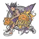 a basketball with the initials KB inside. the ball is surrounded by flames in the Lakers' colors. tattoo design idea