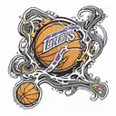 a basketball with the initials KB inside. the ball is surrounded by flames in the Lakers' colors. tattoo design idea