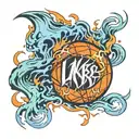 a basketball with the initials KB inside. the ball is surrounded by flames in the Lakers' colors. tattoo design idea