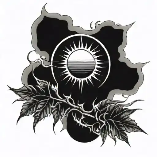 A tattoo design of a sun rise with thorns growing out of it, representing the beauty and pain of new beginnings, in black-grey style tattoo design idea
