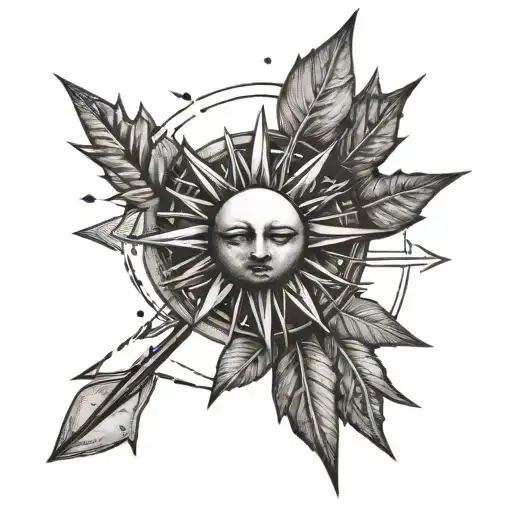 A tattoo design featuring a sun rise with arrows piercing through it and thorns wrapping around it, in dotwork style tattoo design idea
