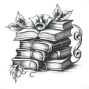 A tattoo design featuring a stack of books with musical notes intertwined in the pages tattoo design idea