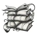 A tattoo design featuring a stack of books with musical notes intertwined in the pages tattoo design idea