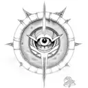 Combine Mikasa Ackerman with a Rinnegan eye and a Sharingan eye, holding a sword in one hand and a Dragon Ball in the other, with a Super Saiyan aura. tattoo design idea