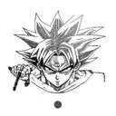 Combine Mikasa Ackerman with a Rinnegan eye and a Sharingan eye, holding a sword in one hand and a Dragon Ball in the other, with a Super Saiyan aura. tattoo design idea