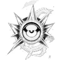 Combine Mikasa Ackerman with a Rinnegan eye and a Sharingan eye, holding a sword in one hand and a Dragon Ball in the other, with a Super Saiyan aura. tattoo design idea