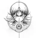 Mikasa Ackerman with a Rinnegan eye and a Sharingan eye, holding a sword in one hand and a Dragon Ball in the other tattoo design idea