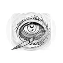 Mikasa Ackerman with a Rinnegan eye and a Sharingan eye, holding a sword in one hand and a Dragon Ball in the other tattoo design idea