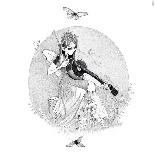 Guitar-playing fairy in a nature-inspired scene tattoo design idea