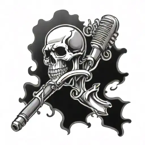 microphone skull wrapping around a tombstone    tattoo design idea
