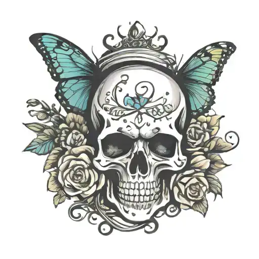 I want a microphone skull wrapping around a tombstone with a name above, add flowers and butterflys tattoo design idea