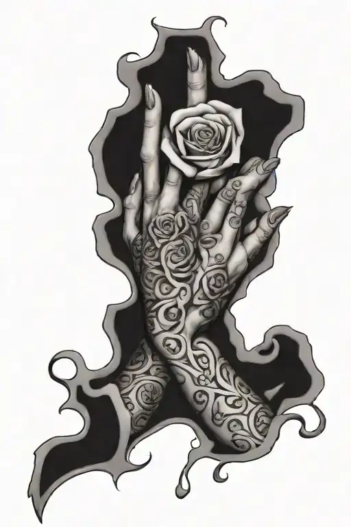 a violet rose praying hands roman numerals surrounded tattoo design idea