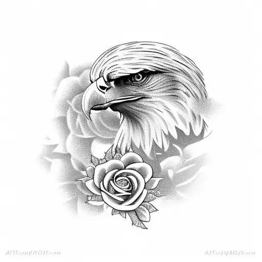 A detailed portrait of a majestic eagle soaring through the sky, with a background of blooming roses in black-grey tones tattoo design idea