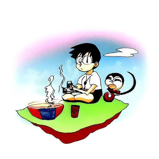 doraemon smoking a joint watching dragons flying in the sky tattoo design idea