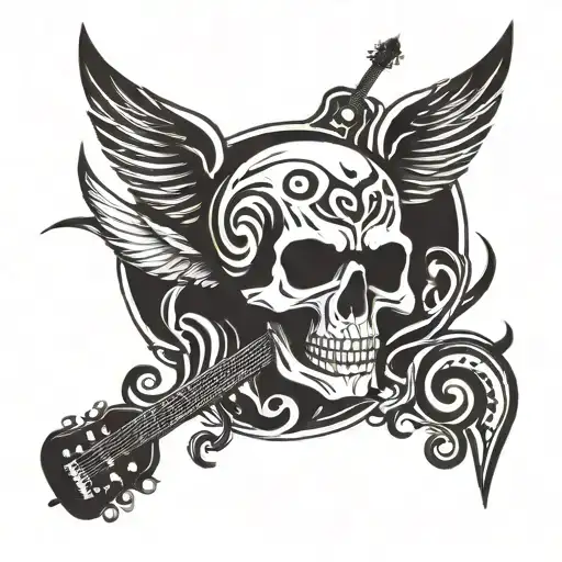 skull guitar eleven wings tattoo design idea