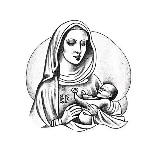 underboobs tattoo of virgin mary in her long mantle tattoo design idea