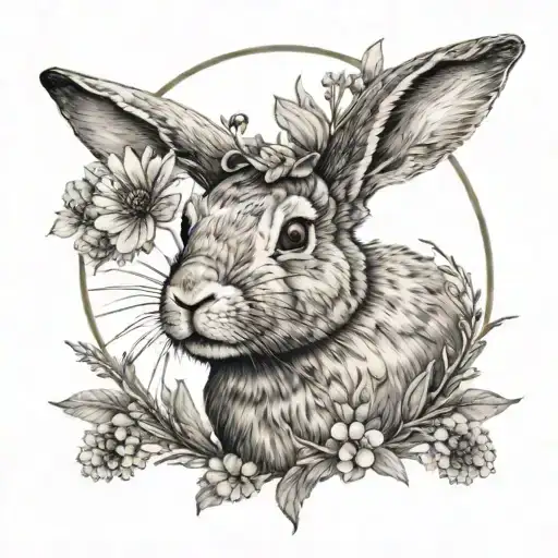 A frontal rabbit with one hanging ear and one standing ear. Behind it a circle decorated with wildflowers tattoo design idea