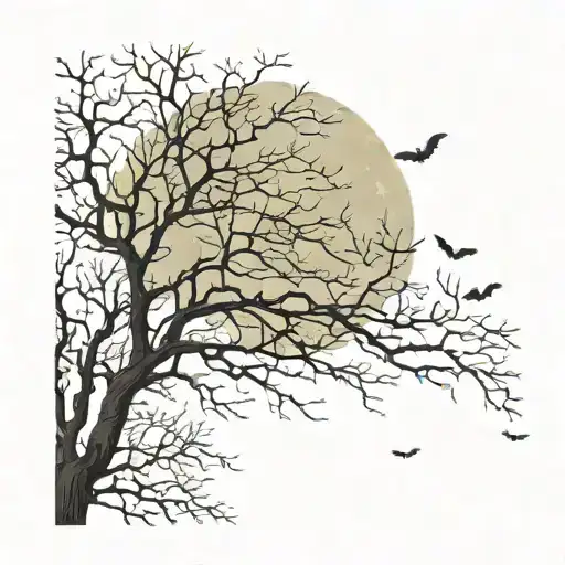 leafless tree surrounded by bats with a full moon in the sky tattoo design idea